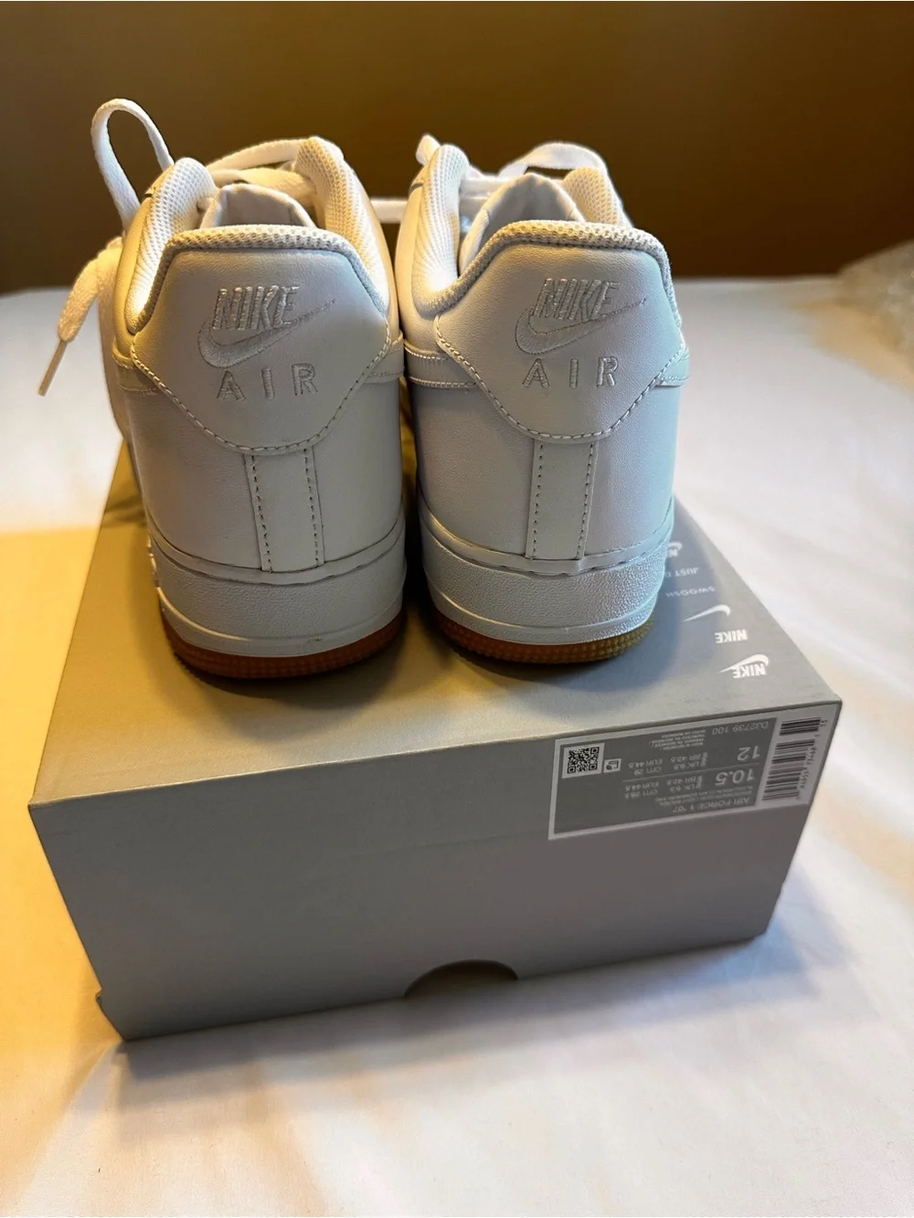 Nike Air Force 1 ‘07 White Leather Low-Top Sneakers with Gum Outsole Box No Lid